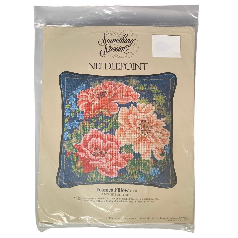 VTG Candamar Designs Something Special Peonies Pillow Needlepoint Kit 30538 80s